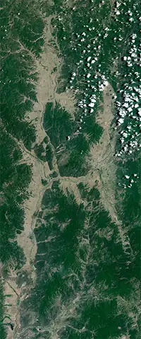 The letter H seen from orbit at Khorinsky District, Russia