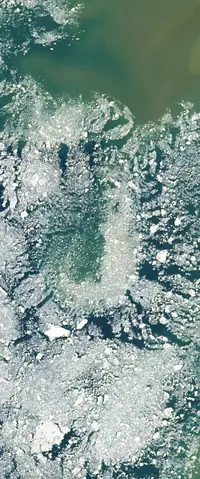 The letter J seen from orbit at Lake Superior, North America