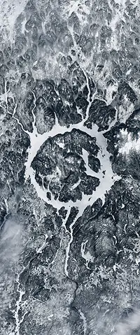 The letter O seen from orbit at Manicouagan Reservoir