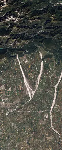 The letter V seen from orbit at Cellina and Meduna Rivers, Italy
