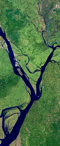 The letter V seen from orbit at Padma River, Bangladesh