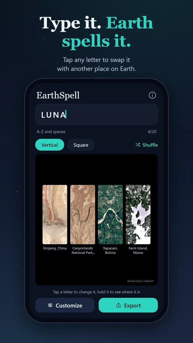 The EarthSpell create screen with a name spelled in satellite tiles