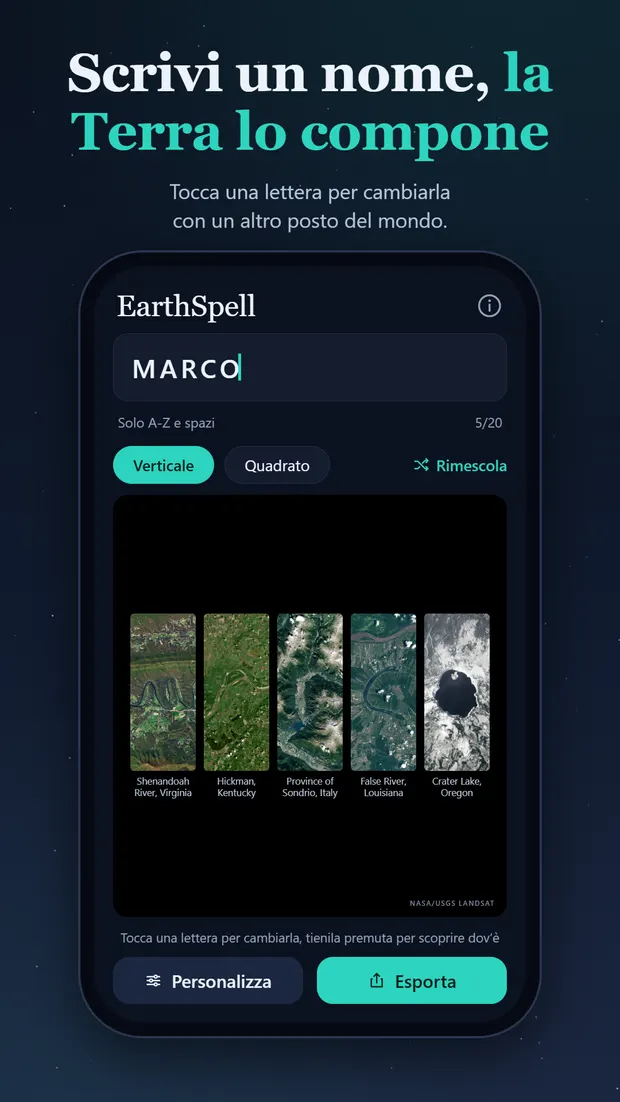 La schermata di creazione di EarthSpell con un nome composto in lettere satellitari